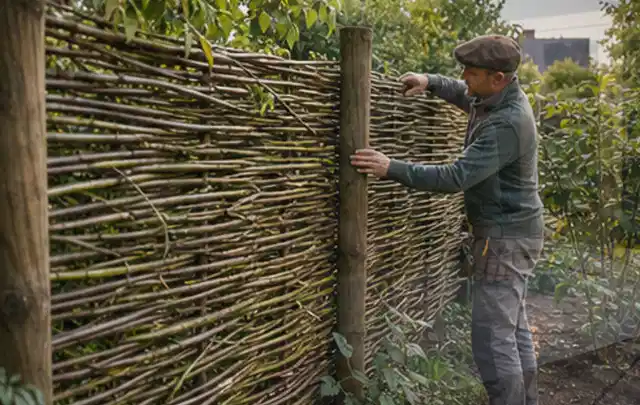 Person befestigt geflochtene Weidenruten an stabilen Holzpfosten im Garten; Thema Moderner Garten, Schwerpunkt Anleitung; Kontrolle.