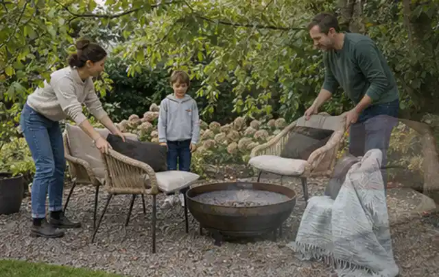Familie stellt wetterfeste Sessel an einem geschützten Sitzplatz im Garten auf; Thema Moderner Garten, Schwerpunkt Anleitung; Ergebnis.