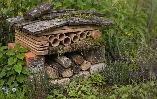 Naturnaher Unterschlupf aus Holz Rinde und Pflanzenstängeln im Garten; Thema Moderner Garten, Schwerpunkt Anleitung; Praxisalltag.