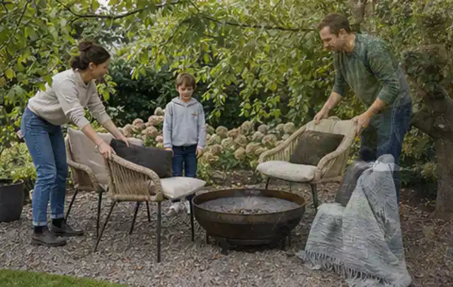 Familie stellt wetterfeste Sessel an einem geschützten Sitzplatz im Garten auf; Thema Moderner Garten, Schwerpunkt Beleuchtung; Ausgangslage.