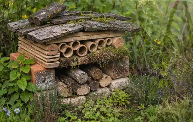 Naturnaher Unterschlupf aus Holz Rinde und Pflanzenstängeln im Garten; Thema Moderner Garten, Schwerpunkt Beleuchtung; Ergebnis.