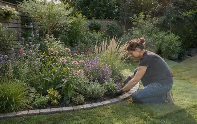 Person pflegt die klare Kante eines geschwungenen blühenden Staudenbeets; Thema Moderner Garten, Schwerpunkt Beleuchtung; Praxisalltag.