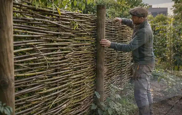 Person befestigt geflochtene Weidenruten an stabilen Holzpfosten im Garten; Thema Moderner Garten, Schwerpunkt Bepflanzung; Ausgangslage.