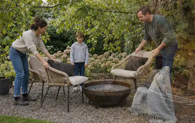 Familie stellt wetterfeste Sessel an einem geschützten Sitzplatz im Garten auf; Thema Moderner Garten, Schwerpunkt Bepflanzung; Umsetzung.