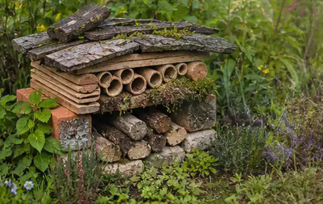 Naturnaher Unterschlupf aus Holz Rinde und Pflanzenstängeln im Garten; Thema Moderner Garten, Schwerpunkt Bepflanzung; Praxisalltag.