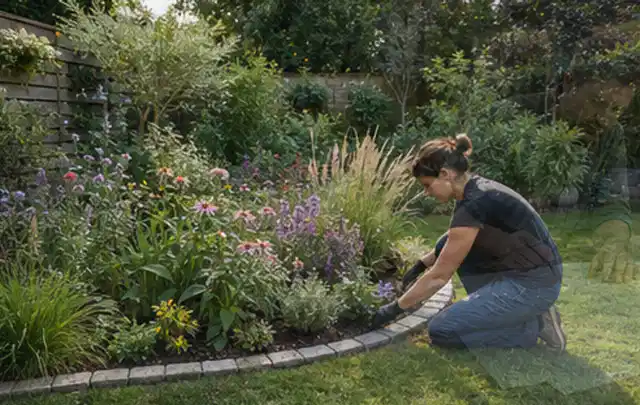 Person pflegt die klare Kante eines geschwungenen blühenden Staudenbeets; Thema Moderner Garten, Schwerpunkt Checkliste; Kontrolle.