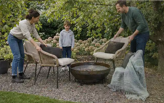 Familie stellt wetterfeste Sessel an einem geschützten Sitzplatz im Garten auf; Thema Moderner Garten, Schwerpunkt Checkliste; Ergebnis.