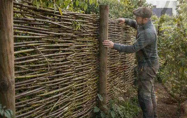 Person befestigt geflochtene Weidenruten an stabilen Holzpfosten im Garten; Thema Moderner Garten, Schwerpunkt Checkliste; Praxisalltag.