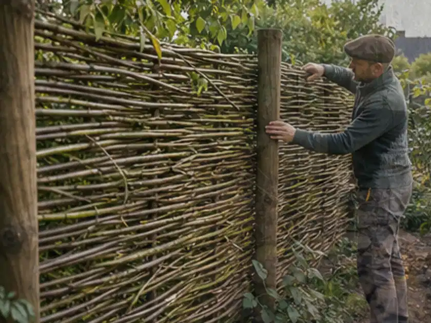 Person befestigt geflochtene Weidenruten an stabilen Holzpfosten im Garten; Thema Moderner Garten, Schwerpunkt Fehlerhilfe; Titelbild.