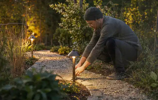 Person richtet eine niedrige warm leuchtende Gartenlampe am Kiesweg aus; Thema Moderner Garten, Schwerpunkt Fehlerhilfe; Ausgangslage.
