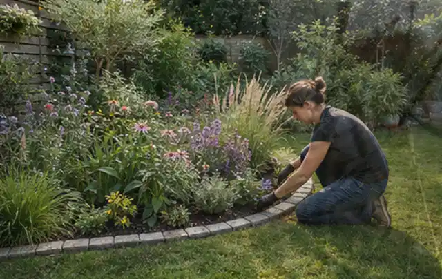Person pflegt die klare Kante eines geschwungenen blühenden Staudenbeets; Thema Moderner Garten, Schwerpunkt Fehlerhilfe; Kontrolle.