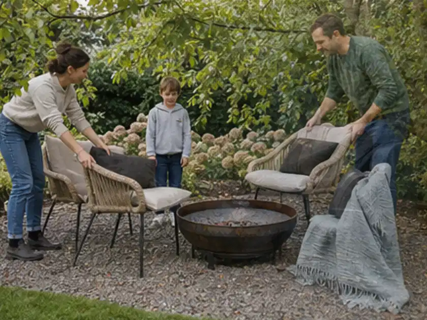 Familie stellt wetterfeste Sessel an einem geschützten Sitzplatz im Garten auf; Thema Moderner Garten, Schwerpunkt mit kleiner Fläche; Titelbild.