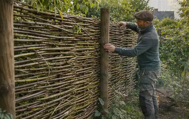 Person befestigt geflochtene Weidenruten an stabilen Holzpfosten im Garten; Thema Moderner Garten, Schwerpunkt mit kleiner Fläche; Kontrolle.