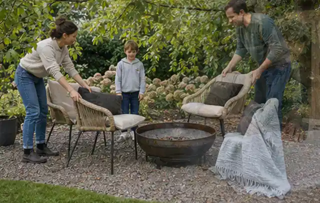 Familie stellt wetterfeste Sessel an einem geschützten Sitzplatz im Garten auf; Thema Moderner Garten, Schwerpunkt gestalten; Ausgangslage.