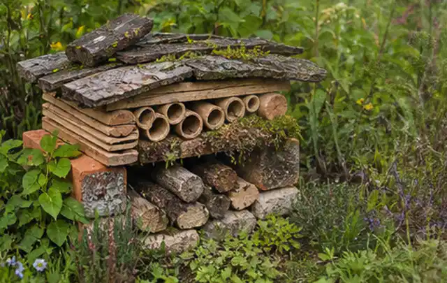 Naturnaher Unterschlupf aus Holz Rinde und Pflanzenstängeln im Garten; Thema Moderner Garten, Schwerpunkt gestalten; Umsetzung.