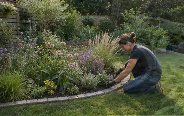 Person pflegt die klare Kante eines geschwungenen blühenden Staudenbeets; Thema Moderner Garten, Schwerpunkt Garten gestalten; Kontrolle.