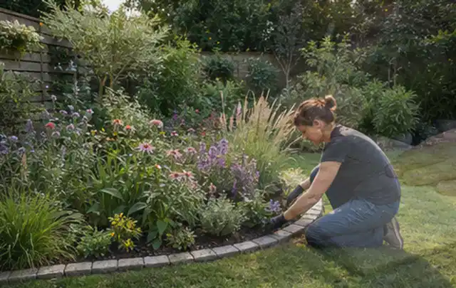 Person pflegt die klare Kante eines geschwungenen blühenden Staudenbeets; Thema Moderner Garten, Schwerpunkt Hanglage; Ergebnis.