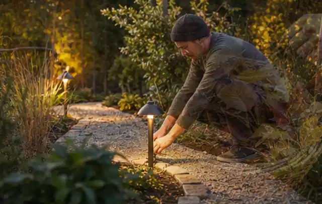 Person richtet eine niedrige warm leuchtende Gartenlampe am Kiesweg aus; Thema Moderner Garten, Schwerpunkt Inspiration; Ausgangslage.