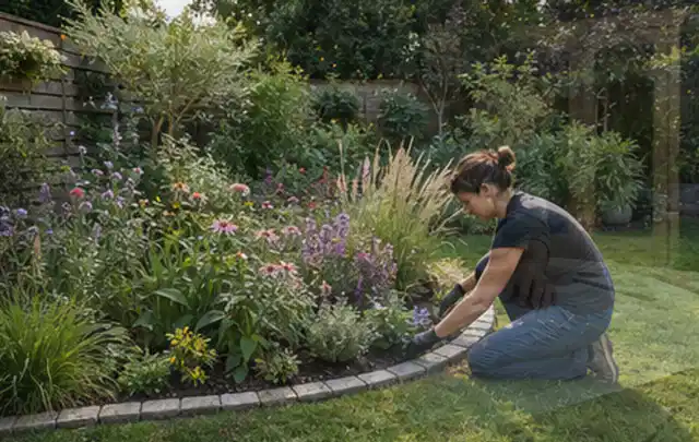 Person pflegt die klare Kante eines geschwungenen blühenden Staudenbeets; Thema Moderner Garten, Schwerpunkt Inspiration; Kontrolle.