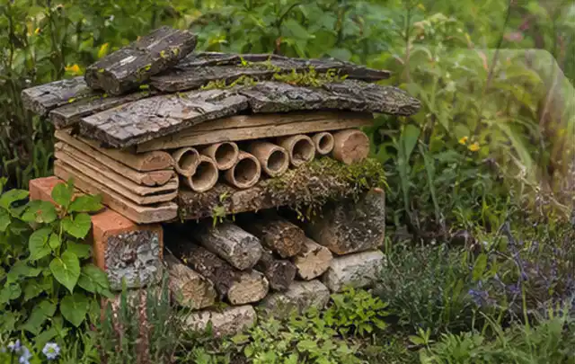 Naturnaher Unterschlupf aus Holz Rinde und Pflanzenstängeln im Garten; Thema Moderner Garten, Schwerpunkt Inspiration; Praxisalltag.