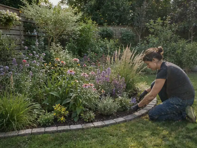 Person pflegt die klare Kante eines geschwungenen blühenden Staudenbeets; Thema Moderner Garten, Schwerpunkt Kosten; Titelbild.