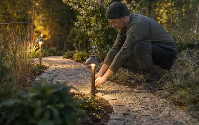 Person richtet eine niedrige warm leuchtende Gartenlampe am Kiesweg aus; Thema Moderner Garten, Schwerpunkt Kosten; Ausgangslage.