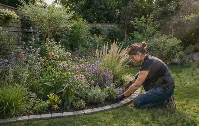 Person pflegt die klare Kante eines geschwungenen blühenden Staudenbeets; Thema Moderner Garten, Schwerpunkt Materialwahl; Umsetzung.