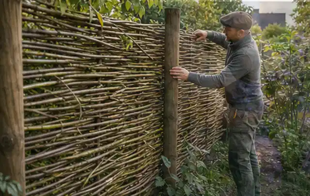 Person befestigt geflochtene Weidenruten an stabilen Holzpfosten im Garten; Thema Moderner Garten, Schwerpunkt Naturgarten; Umsetzung.