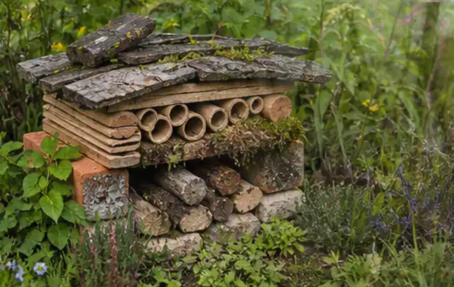 Naturnaher Unterschlupf aus Holz Rinde und Pflanzenstängeln im Garten; Thema Moderner Garten, Schwerpunkt Naturgarten; Kontrolle.