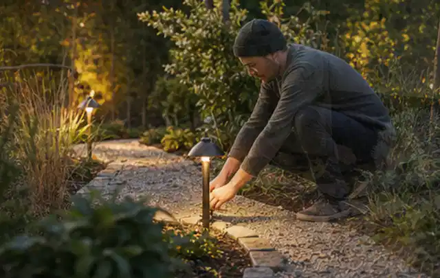 Person richtet eine niedrige warm leuchtende Gartenlampe am Kiesweg aus; Thema Moderner Garten, Schwerpunkt Naturgarten; Praxisalltag.