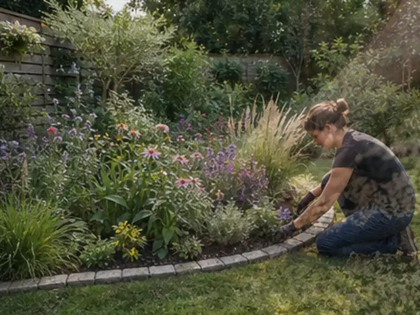 Person pflegt die klare Kante eines geschwungenen blühenden Staudenbeets; Thema Moderner Garten, Schwerpunkt Pflegeleichtigkeit; Titelbild.