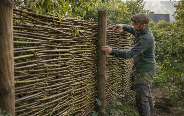 Person befestigt geflochtene Weidenruten an stabilen Holzpfosten im Garten; Thema Moderner Garten, Schwerpunkt Pflegeleichtigkeit; Ergebnis.