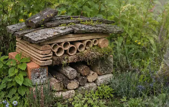 Naturnaher Unterschlupf aus Holz Rinde und Pflanzenstängeln im Garten; Thema Moderner Garten, Schwerpunkt Planung; Ausgangslage.