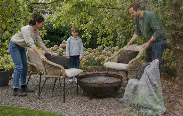 Familie stellt wetterfeste Sessel an einem geschützten Sitzplatz im Garten auf; Thema Moderner Garten, Schwerpunkt Planung; Umsetzung.