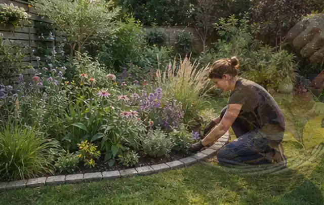 Person pflegt die klare Kante eines geschwungenen blühenden Staudenbeets; Thema Moderner Garten, Schwerpunkt Planung; Ergebnis.
