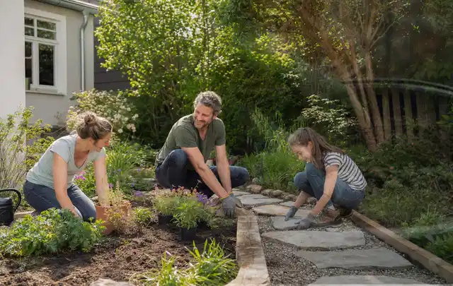 Familie geht auf einem Weg durch einen abwechslungsreich gestalteten Garten; Thema Moderner Garten, Schwerpunkt Planung; Praxisalltag.