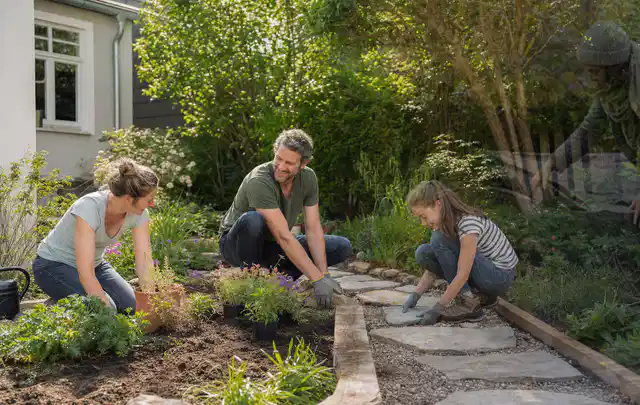 Familie geht auf einem Weg durch einen abwechslungsreich gestalteten Garten; Thema Moderner Garten, Schwerpunkt Praxisbeispiele; Kontrolle.