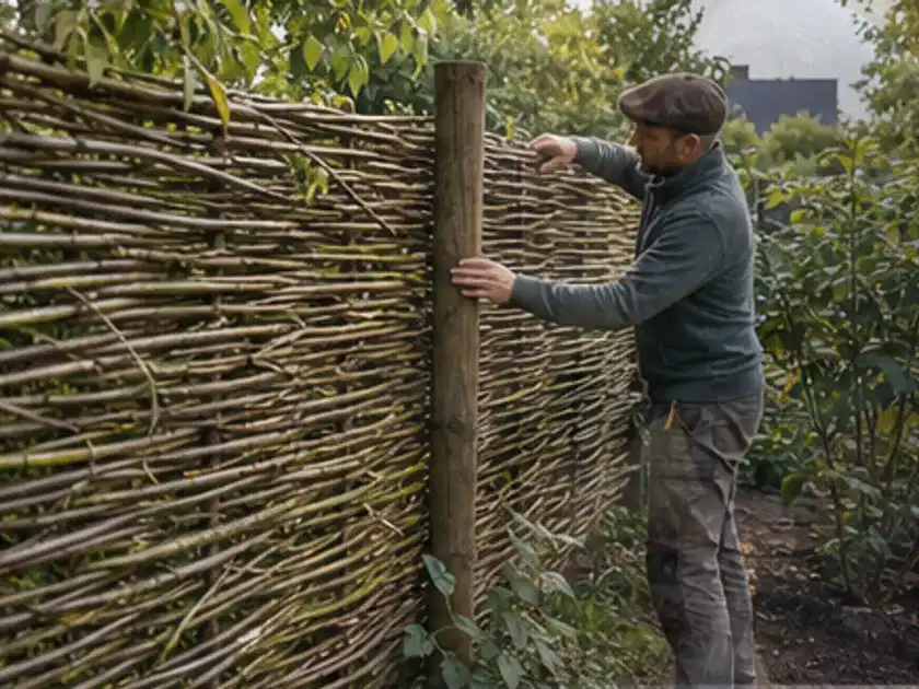 Person befestigt geflochtene Weidenruten an stabilen Holzpfosten im Garten; Thema Moderner Garten, Schwerpunkt Privatsphäre; Titelbild.