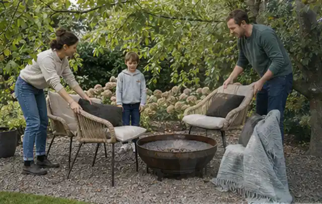 Familie stellt wetterfeste Sessel an einem geschützten Sitzplatz im Garten auf; Thema Moderner Garten, Schwerpunkt Privatsphäre; Ausgangslage.
