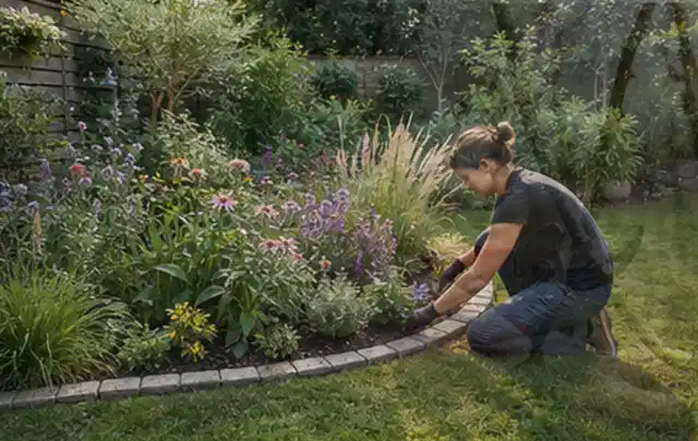 Person pflegt die klare Kante eines geschwungenen blühenden Staudenbeets; Thema Moderner Garten, Schwerpunkt Privatsphäre; Kontrolle.
