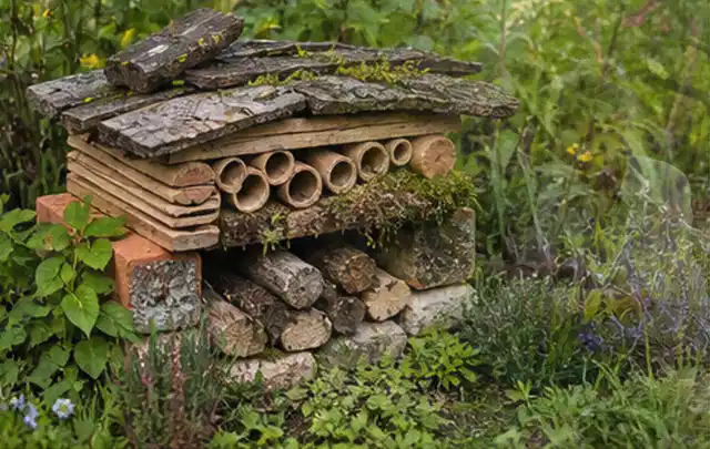 Naturnaher Unterschlupf aus Holz Rinde und Pflanzenstängeln im Garten; Thema Moderner Garten, Schwerpunkt Privatsphäre; Praxisalltag.
