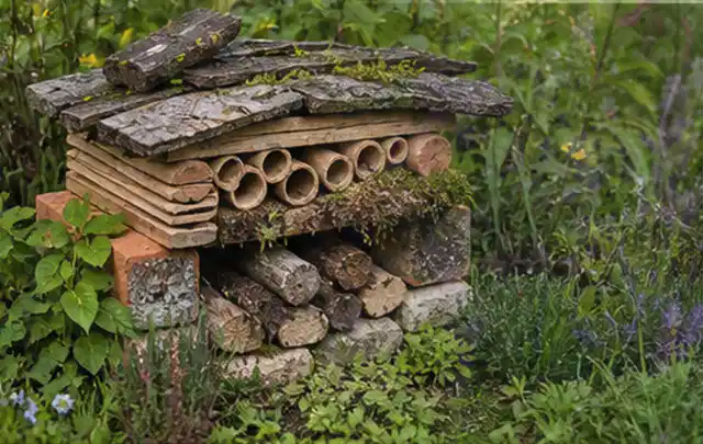 Naturnaher Unterschlupf aus Holz Rinde und Pflanzenstängeln im Garten; Thema Moderner Garten, Schwerpunkt Wegeführung; Ausgangslage.