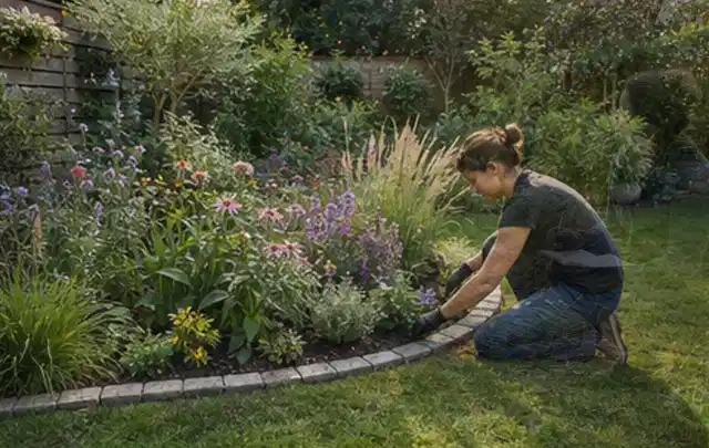 Person pflegt die klare Kante eines geschwungenen blühenden Staudenbeets; Thema Moderner Garten, Schwerpunkt Wegeführung; Umsetzung.