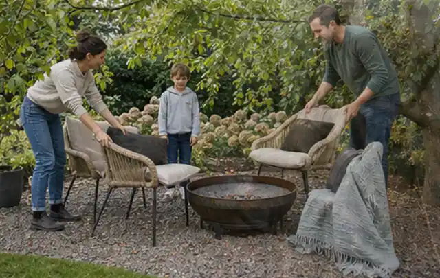 Familie stellt wetterfeste Sessel an einem geschützten Sitzplatz im Garten auf; Thema Moderner Garten, Schwerpunkt Wegeführung; Praxisalltag.