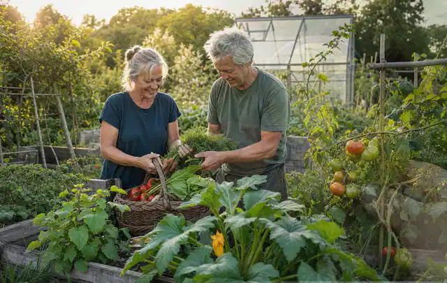 Zwei Personen ernten gemeinsam Gemüse in einem sonnigen Nutzgarten; Thema Möhren, Schwerpunkt Bewässerung; Ausgangslage.