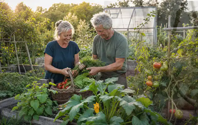 Zwei Personen ernten gemeinsam Gemüse in einem sonnigen Nutzgarten; Thema Möhren, Schwerpunkt Ernte; Ergebnis.