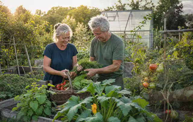 Zwei Personen ernten gemeinsam Gemüse in einem sonnigen Nutzgarten; Thema Möhren, Schwerpunkt Gesundheit; Umsetzung.