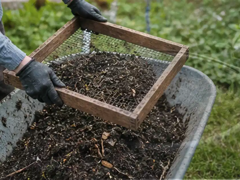 Behandschuhte Hände sieben reifen Kompost über einer Gartenschubkarre; Thema Möhren, Schwerpunkt Nährstoffe; Titelbild.