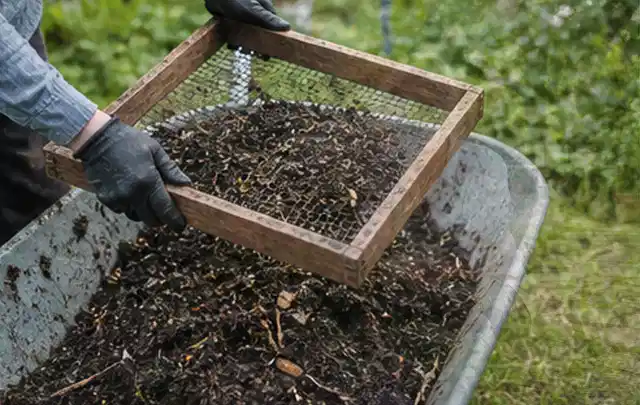 Behandschuhte Hände sieben reifen Kompost über einer Gartenschubkarre; Thema Möhren, Schwerpunkt Saisonkalender; Ausgangslage.