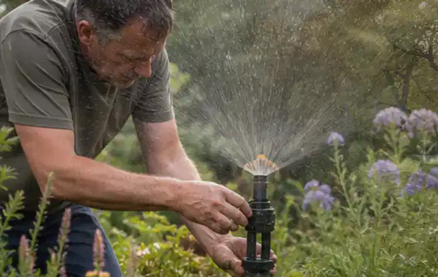 Person richtet einen laufenden Gartensprenger zwischen Stauden präzise aus; Thema Moos, Schwerpunkt Rasen; Kontrolle.